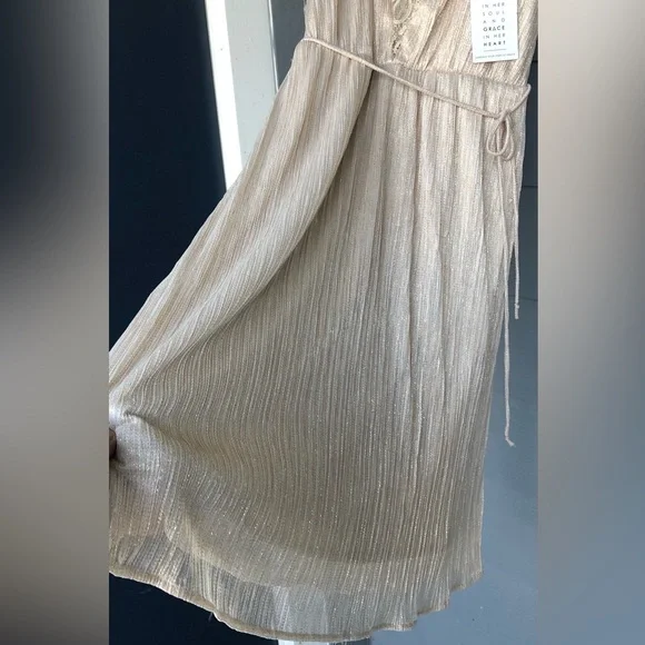 SPIRIT OF GRACE Elegant Gold Cream Women Dress.Shimmer N.W.T. Size XS. Waist Tie - Picture 5 of 13